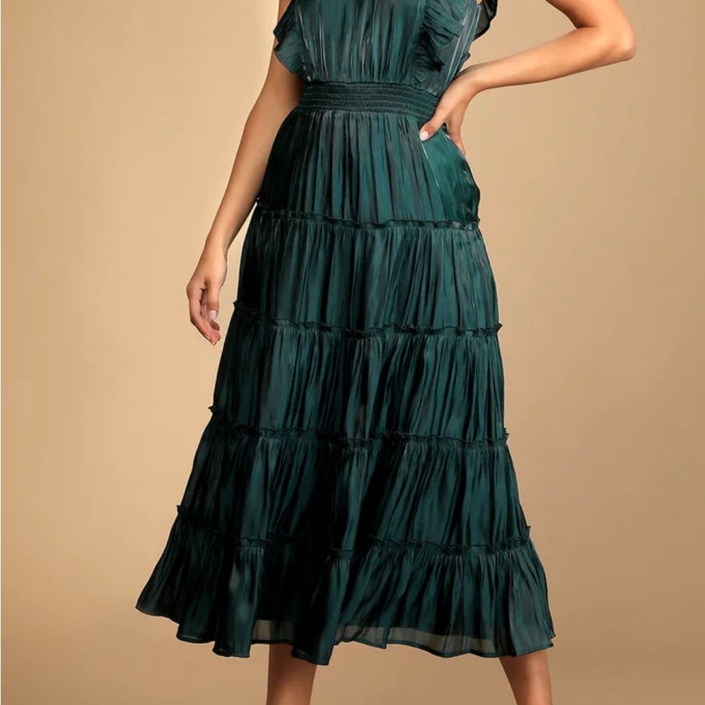 LULUS Take a Glance Emerald Green Tiered Mock Neck MIDI Dress Size S